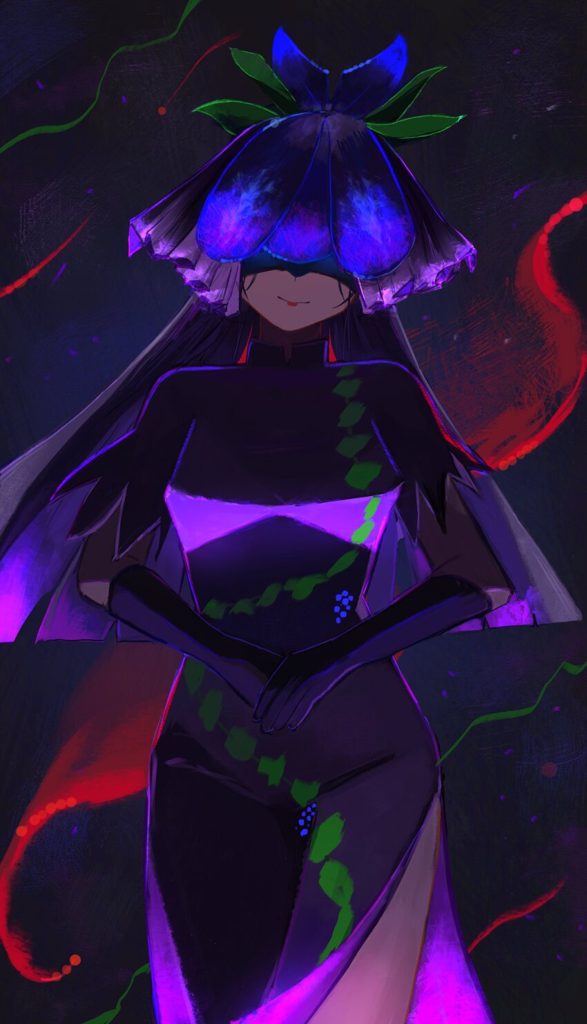 1girl absurdres black_gloves black_hair china_dress chinese_clothes closed_mouth covered_eyes cowboy_shot dress flower flower_on_head food_print fruit_print gloves grape_print highres long_hair palulap purple_dress purple_flower short_sleeves solo touhou vine_print yomotsu_hisami
