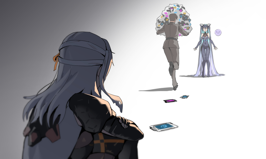 1boy 2girls absurdly_long_hair armor arms_at_sides bandaged_head bandages black_shoes blue_hair bodysuit brown_hair brown_jacket brown_pants bubble colored_inner_hair commander_(nikke) commentary commentary_request english_commentary from_behind goddess_of_victory:_nikke gradient_background grey_background grey_hair highres holding hugging_own_legs jacket little_mermaid_(nikke) long_hair looking_at_another mecha_musume military_uniform modernia_(nikke) multicolored_hair multiple_girls pants ribbon running shoes shoulder_armor sitting standing very_long_hair wge white_background yellow_ribbon