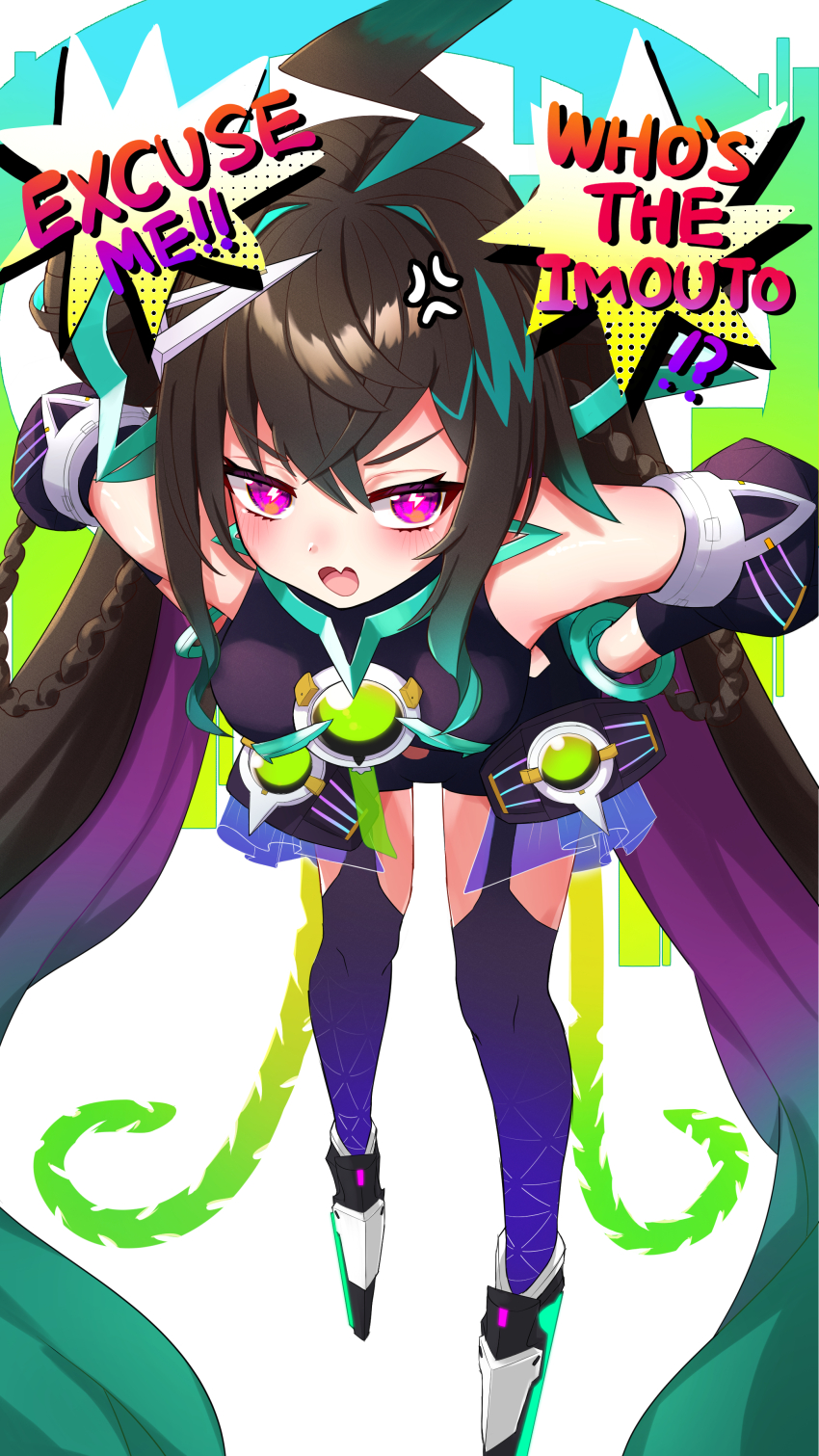 1girl absurdres ahoge anger_vein aqua_hair armored_boots bike_shorts_under_leotard black_hair black_leotard black_shorts black_sleeves blue_thighhighs boots bracelet braid breasts colored_inner_hair commentary detached_sleeves double_bun english_commentary english_text fang hair_bun hair_ornament hands_on_own_hips highres jewelry kroble leaning_forward leotard lightning_ahoge lightning_bolt-shaped_pupils long_hair looking_at_viewer multicolored_hair open_mouth overskirt purple_eyes purple_hair see-through_clothes see-through_skirt shorts skin_fang skirt small_breasts solo streaked_hair symbol-shaped_pupils terra404 terra_404 thighhighs twin_braids v4mirai very_long_hair virtual_youtuber