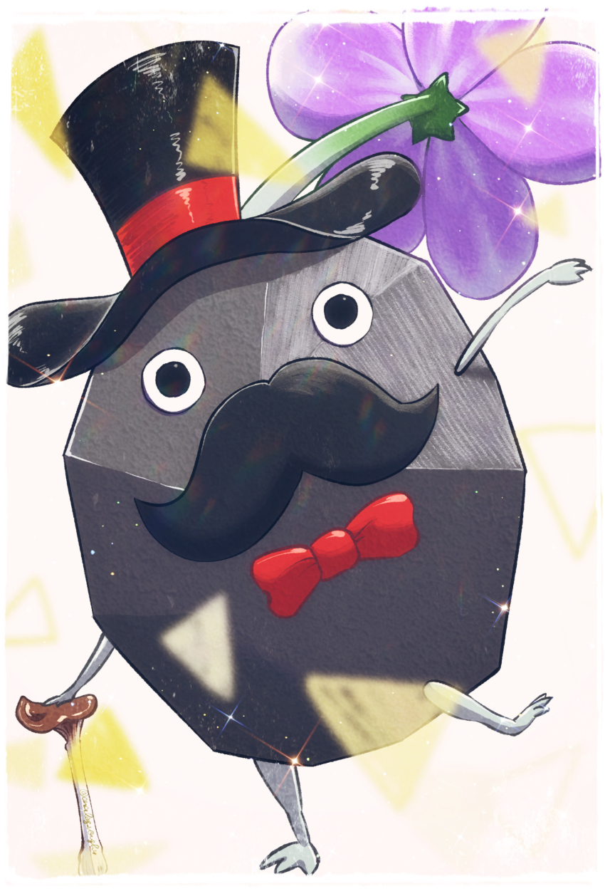 absurdres analog_rough4 black_eyes black_hat black_skin border bow bowtie can colored_skin creature creature_focus fake_facial_hair fake_mustache flower grey_background hat highres holding holding_can light_particles looking_at_viewer nintendo no_humans pikmin_(creature) pikmin_(series) pikmin_bloom purple_flower red_bow red_bowtie rock rock_pikmin solo sparkle standing standing_on_one_leg top_hat traditional_bowtie triangle white_border