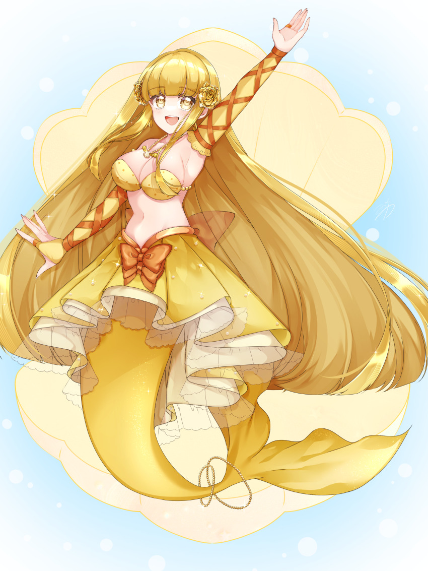 1girl :d absurdres arm_ribbon arm_up armpits bare_shoulders bikini bikini_top_only blonde_hair blunt_bangs bow bow_skirt breasts bridal_gauntlets clam_shell cleavage coco_(mermaid)_(mermaid_melody_pichi_pichi_pitch) coco_(mermaid_melody_pichi_pichi_pitch) collarbone commentary_request earrings flower full_body glint hair_flower hair_ornament highres jewelry large_breasts long_hair looking_at_viewer mermaid mermaid_melody_pichi_pichi_pitch midriff monster_girl navel necklace open_mouth orange_bow orange_ribbon pleated_skirt ribbon see-through_clothes see-through_skirt shell shell_earrings shell_necklace sidelocks skirt smile solo swimsuit tail tail_ornament teeth upper_teeth_only very_long_hair white_background yellow_bikini yellow_eyes yellow_skirt yuzuca_(trickster4594)