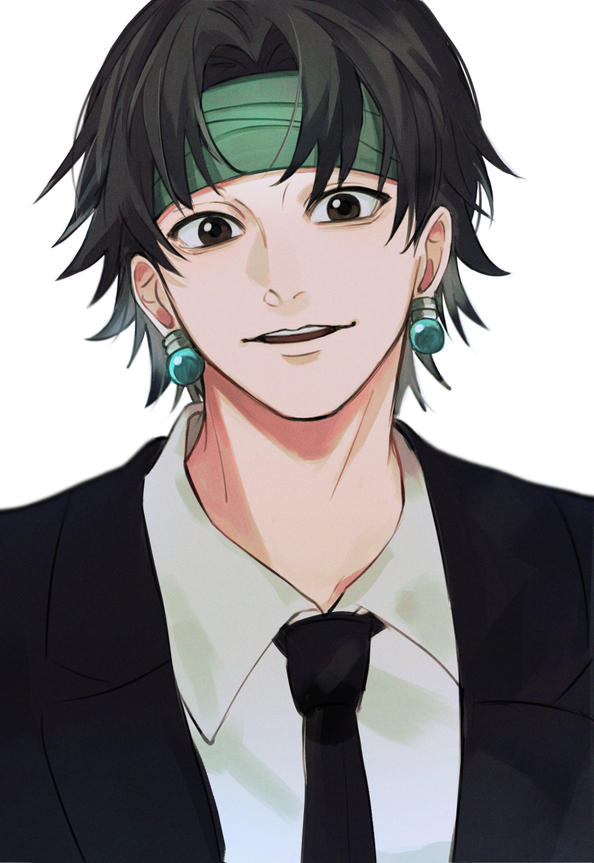 1boy absurdres bandaged_head bandages black_eyes black_hair black_necktie chrollo_lucilfer collared_shirt earrings formal_clothes highres hunter_x_hunter jewelry looking_at_viewer male_focus necktie open_mouth shirt simple_background solo suit teeth uno_0a upper_body white_background white_shirt