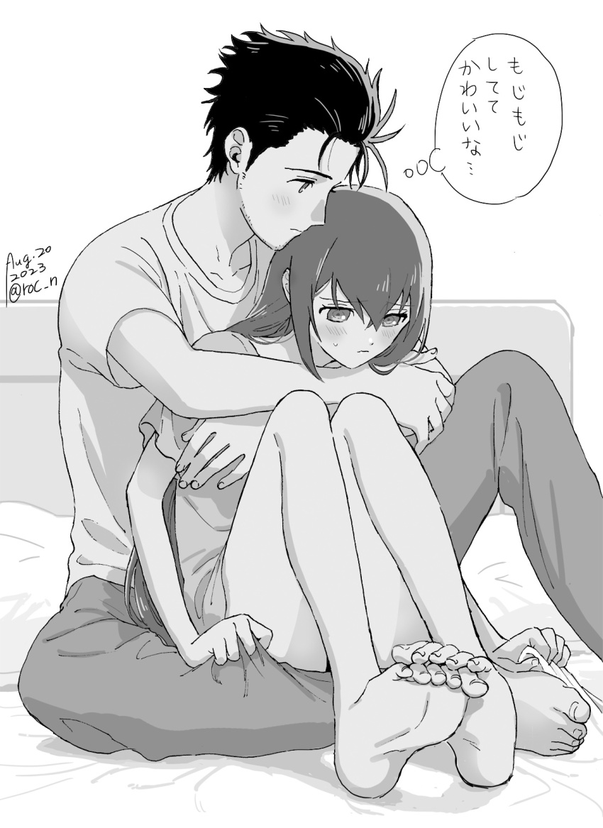 1boy 1girl barefoot beard_stubble bed bedroom blush commentary_request couple facial_hair greyscale hetero highres indoors long_hair looking_at_another loungewear makise_kurisu monochrome okabe_rintarou pants rocni science_adventure shirt short_hair shorts sitting sitting_on_person speech_bubble steins;gate stubble t-shirt thighs thinking thought_bubble toenails translation_request