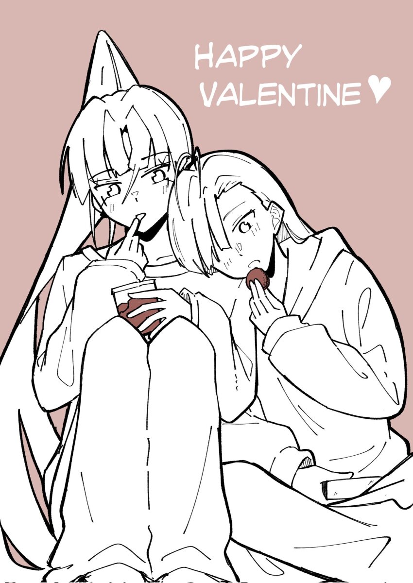 2girls ado_(utaite) ahoge commentary english_commentary food hair_between_eyes hair_over_one_eye happy_valentine highres hood hood_down hoodie leaning_on_person long_hair long_sleeves macaron merry_(ado) multiple_girls naima_(ado) nori_(norinori_yrl) ponytail readymade_(ado) usseewa yuri