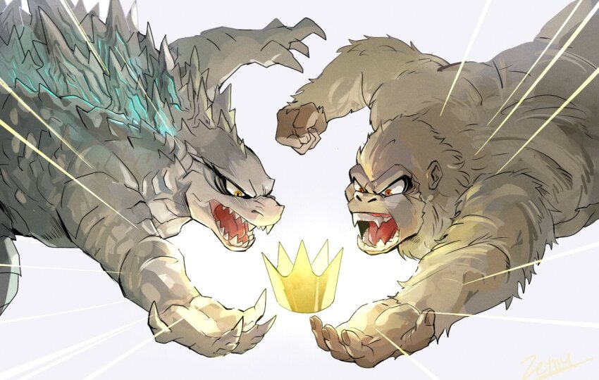 ape brown_eyes claws crossover crown dinosaur fangs giant giant_monster glowing glowing_spikes godzilla godzilla_(series) godzilla_vs._kong gorilla kaiju king_kong king_kong_(series) legendary_pictures monster monsterverse no_humans open_mouth sharp_teeth spikes teeth toho tongue tsk03 yellow_eyes