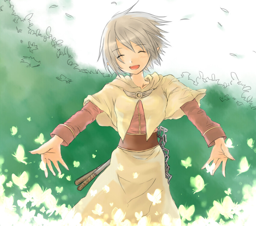 1girl 2000s_(style) acolyte_(ragnarok_online) blush brown_shirt bug butterfly capelet closed_eyes commentary_request cowboy_shot green_butterfly grey_hair highres insect leaf long_sleeves open_mouth outstretched_arms pointy_ears ragnarok_online shirt short_hair skirt smile solo spread_arms white_capelet white_skirt yuina_(yuina_h)