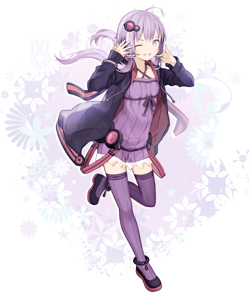 1girl absurdres ahoge anklet belt commentary criss-cross_halter dress female_focus floral_background full_body hair_ornament halterneck hands_on_own_head highres jacket jewelry kari_kenji leg_up looking_at_viewer one_eye_closed purple_dress purple_eyes purple_hair purple_jacket purple_thighhighs rabbit ribbon short_hair_with_long_locks sidelocks smile solo strapless strapless_dress thighhighs tube_dress voiceroid yuzuki_yukari