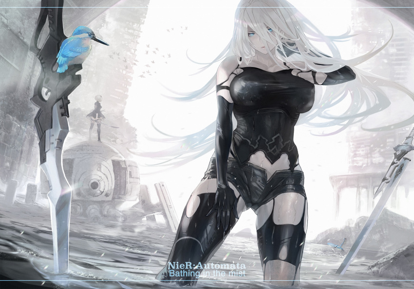 2girls alternate_breast_size android backlighting bird black_shorts blue_eyes breasts copyright_name covered_erect_nipples day english_text floating_hair hand_in_own_hair highres kingfisher large_breasts lens_flare long_hair machine_(nier) maeshima_shigeki mole mole_under_mouth multiple_girls nier_(series) nier:automata planted planted_sword planted_weapon post-apocalypse robot shorts silver_hair solo_focus sword taut_clothes type-4o_sword virtuous_contract virtuous_treaty wading water weapon 2b_(nier:automata) a2_(nier:automata)