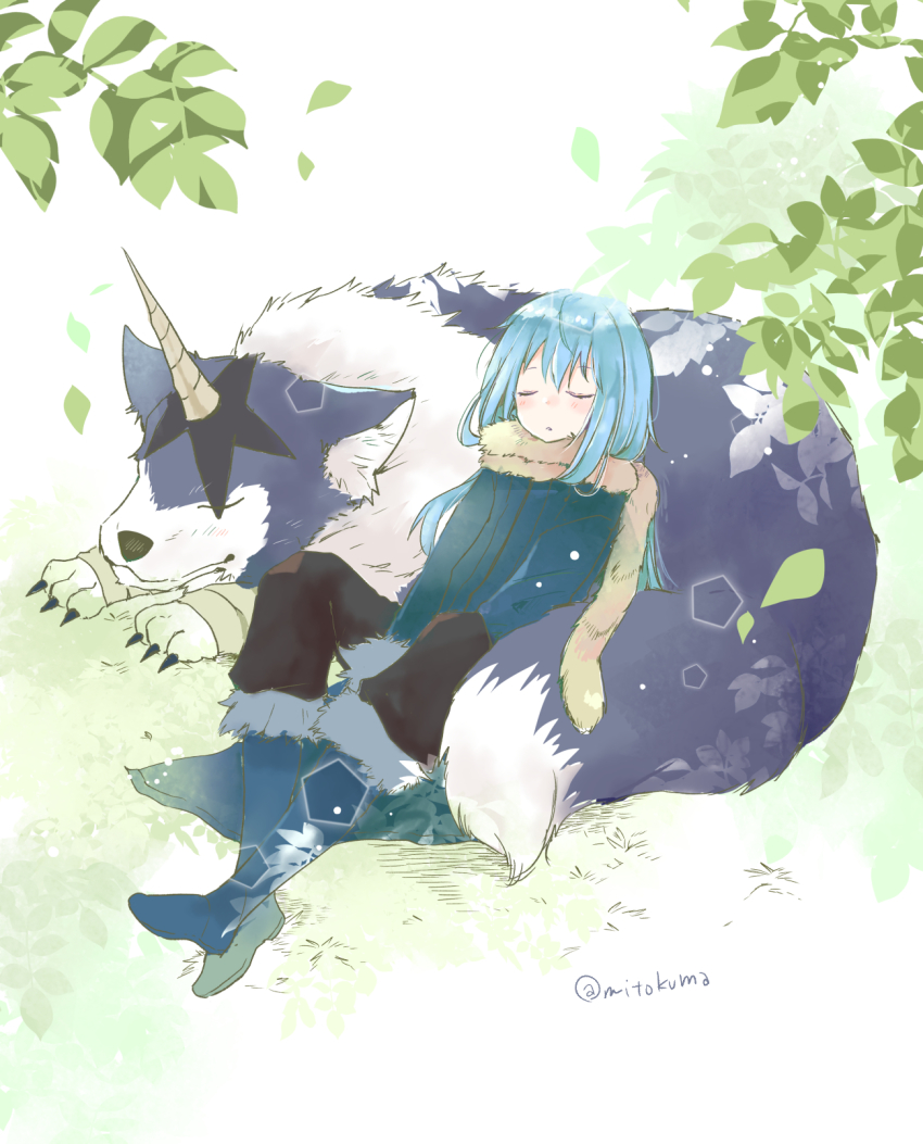 1other :o animal black_pants blue_footwear blue_hair blue_jacket blush boots closed_eyes commentary_request fur-trimmed_boots fur-trimmed_sleeves fur_trim hair_between_eyes highres jacket long_hair mito_(go!go!king!) pants parted_lips ranga_(tensura) rimuru_tempest sleeping tensei_shitara_slime_datta_ken twitter_username wolf