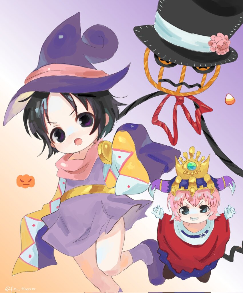 1boy 2girls adeleine alternate_costume annoyed bare_legs black_hair blue_eyes candy candy_corn cosplay crown drawcia drawcia_(cosplay) dress fairy fini_hoover food gloves gradient_background halloween halloween_costume hat highres kirby_(series) kirby_64 long_sleeves looking_at_viewer magolor magolor_(cosplay) master_crown multicolored_sleeves multiple_girls nintendo pink_hair pink_scarf pumpkin purple_dress purple_eyes purple_footwear purple_socks red_poncho red_ribbon ribbon scarf short_hair socks squashini top_hat twitter_username white_gloves witch_hat yarn
