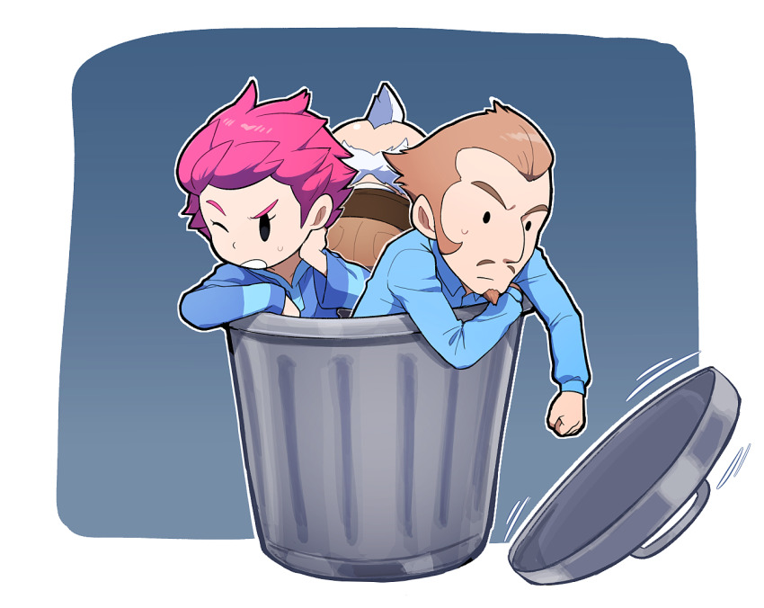 1girl 2boys brown_hair closed_mouth facial_hair hood hooded_dress hoodie hoshi_(star-name2000) kumatora looking_at_viewer mother_(series) mother_3 multiple_boys nintendo pink_hair short_hair simple_background trash_can upper_body wess white_background white_hair