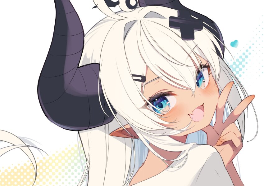 1girl ahoge asagawa_mikan asagawa_mikan_(peachy_michi) blue_eyes blush fang hair_ornament highres long_hair looking_at_viewer open_mouth original pointy_ears shirt short_hair simple_background skin_fang smile solo virtual_youtuber white_background white_hair