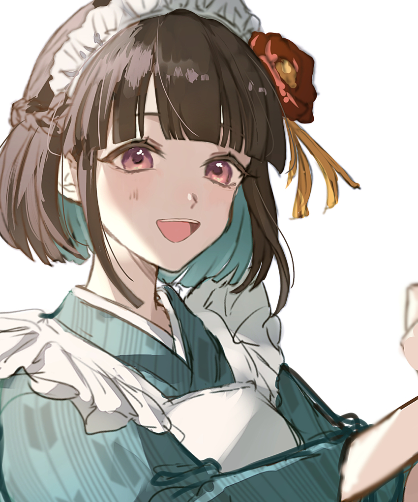 1girl :d blue_hair blunt_bangs brown_hair colored_inner_hair commentary_request flower hair_flower hair_ornament highres iroha_(rune_factory) japanese_clothes kimono long_sleeves looking_at_viewer maid maid_headdress multicolored_hair open_mouth pink_eyes red_flower rune_factory rune_factory:_guardians_of_azuma rurui_(jac7860) short_hair simple_background smile solo upper_body wa_maid white_background wide_sleeves