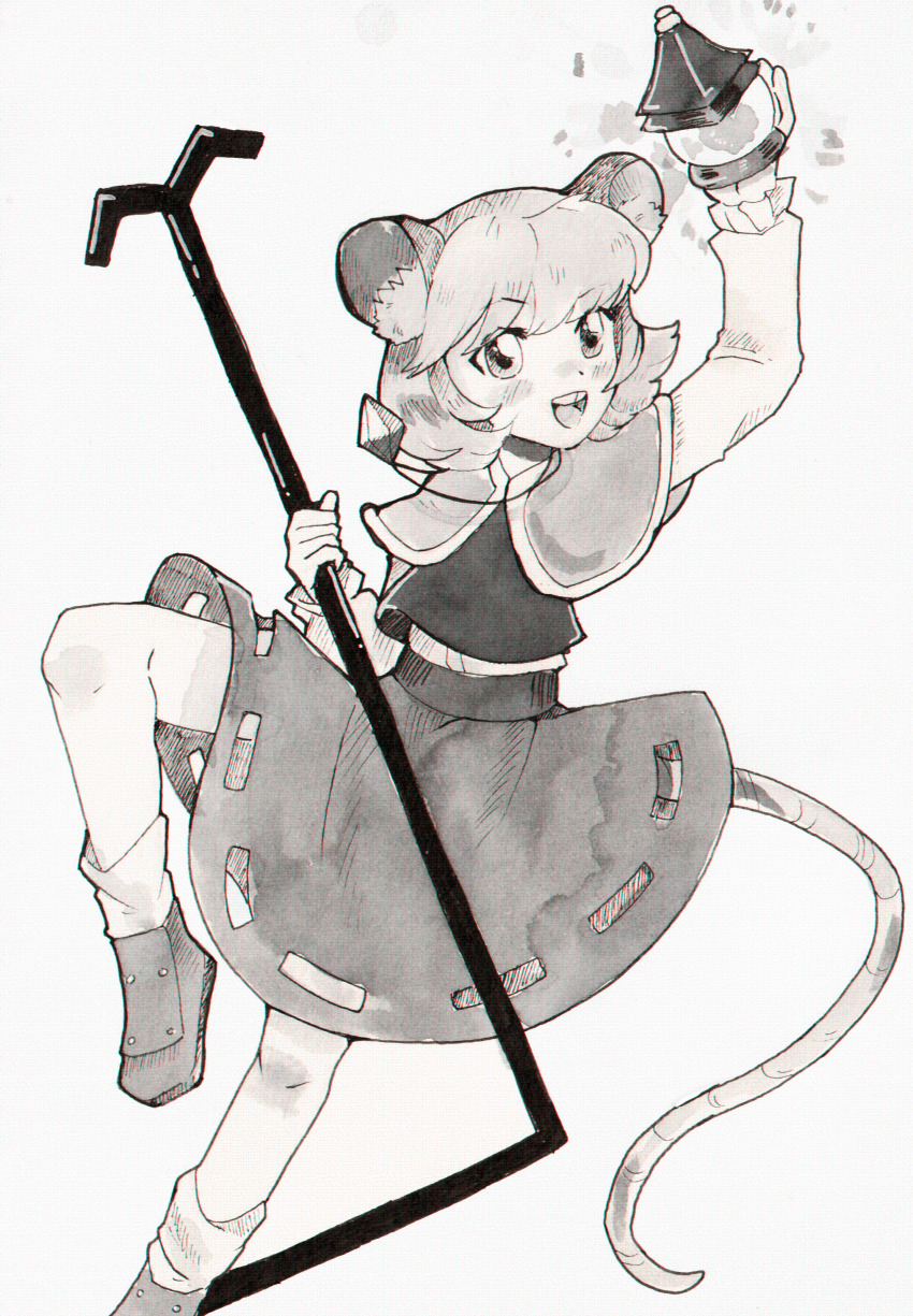 1girl absurdres animal_ears bishamonten&#039;s_pagoda capelet crystal dowsing_rod dungeon_toaster foot_out_of_frame greyscale highres inktober jewelry monochrome mouse_ears mouse_girl mouse_tail nazrin open_mouth pendant shirt simple_background skirt solo standing standing_on_one_leg tail teeth touhou traditional_media upper_teeth_only vest