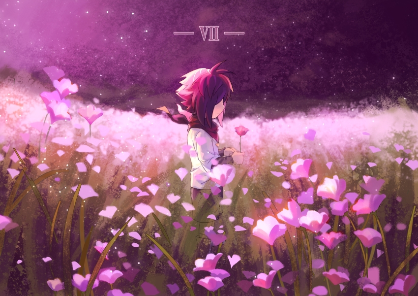 1boy absurdres alternate_universe antenna_hair backlighting bandana bandana_around_neck black_bandana black_hair black_shirt boots child chinese_commentary closed_mouth commentary_request covered_eyes field flower flower_field frisk_(undertale) from_side full_body gold_necklace hair_over_eyes heart heart_necklace highres holding holding_flower jewelry layered_sleeves light_particles long_sleeves male_focus necklace nishinianshaodehuanxi137 on_grass outdoors pink_flower pink_petals profile purple_sky roman_numeral shirt short_over_long_sleeves short_sleeves shorts sky socks solo standing undertale white_shirt xtale