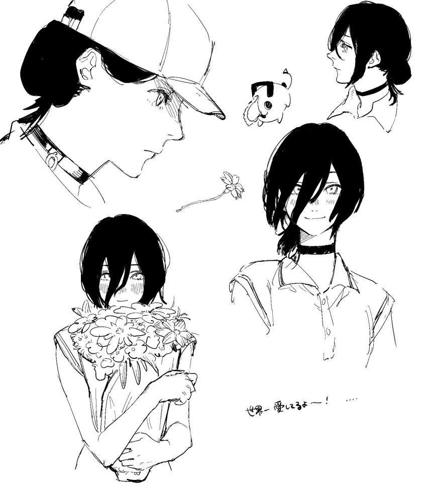 1girl black_choker black_hair chainsaw_man choker collared_shirt hair_between_eyes hair_bun highres kaimochi0839 looking_at_viewer medium_hair reze_(chainsaw_man) shirt short_hair simple_background single_hair_bun sleeveless sleeveless_shirt smile solo white_shirt