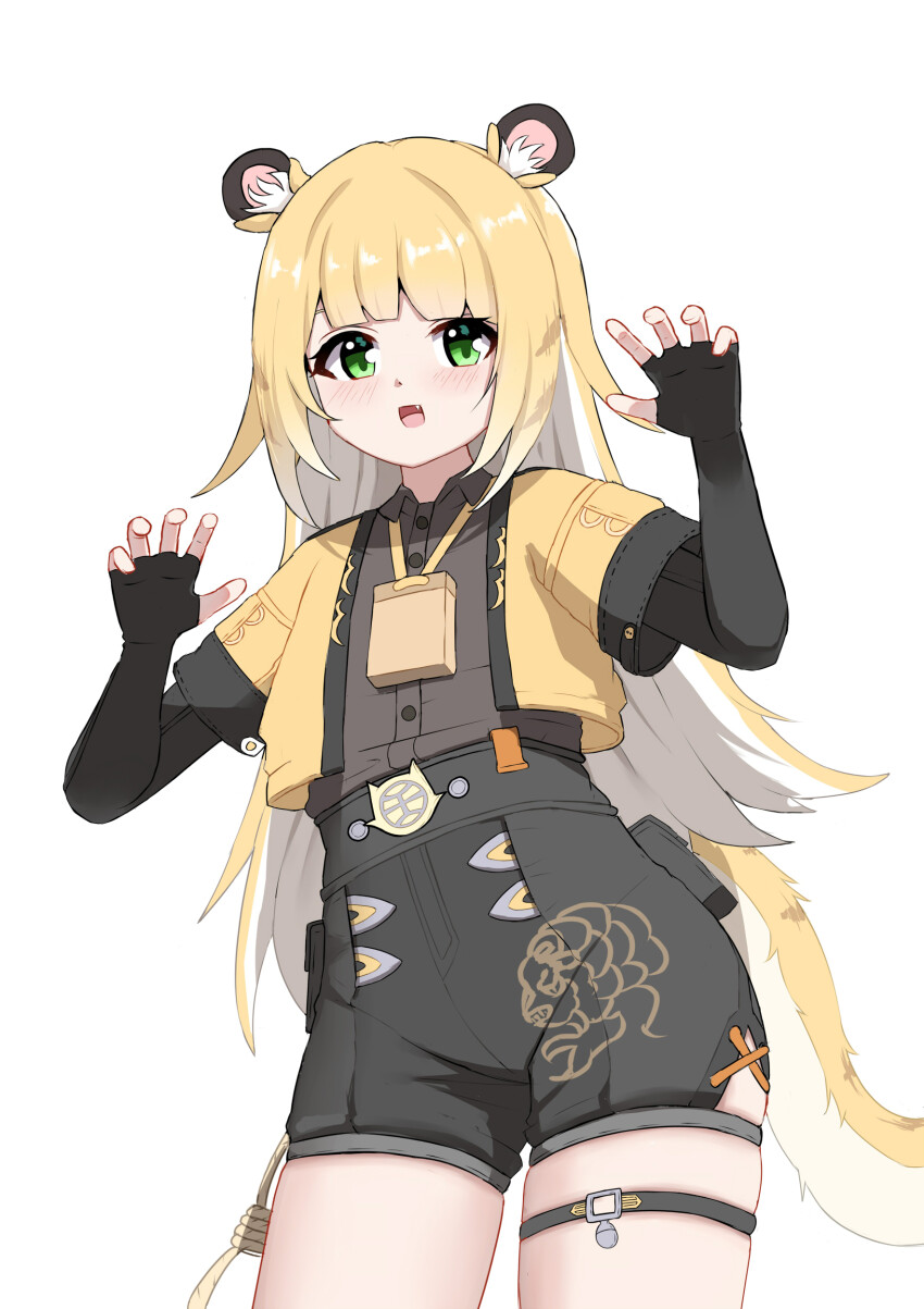 1girl absurdres animal_ear_fluff animal_ears blonde_hair green_eyes high-waist_shorts highres hime_cut ju_fufu long_hair looking_at_viewer marin_liekuriva orange_fur shorts simple_background smile solo striped_fur tail tiger_ears tiger_girl tiger_tail white_background zenless_zone_zero