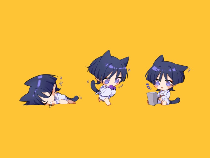 1boy animal_ears black_hair blunt_ends blush_stickers cat_boy cat_ears cat_tail chibi closed_eyes clothing_cutout eyeliner eyeshadow feathers flying_sweatdrops food fruit full_body genshin_impact hammer highres hip_vent holding holding_food holding_fruit holding_hammer japanese_clothes kariginu lavender_melon_(genshin_impact) layered_sleeves long_sleeves lying makeup male_focus multiple_views notice_lines on_side open_mouth pom_pom_(clothes) purple_eyes purple_sleeves red_eyeliner red_eyeshadow scaramouche_(genshin_impact) scaramouche_(kabukimono)_(genshin_impact) shorts shoulder_cutout sitting sleeping spread_legs string tail tujiang6 unconscious white_shorts white_sleeves wide_sleeves wispy_bangs yellow_background yellow_feathers zzz