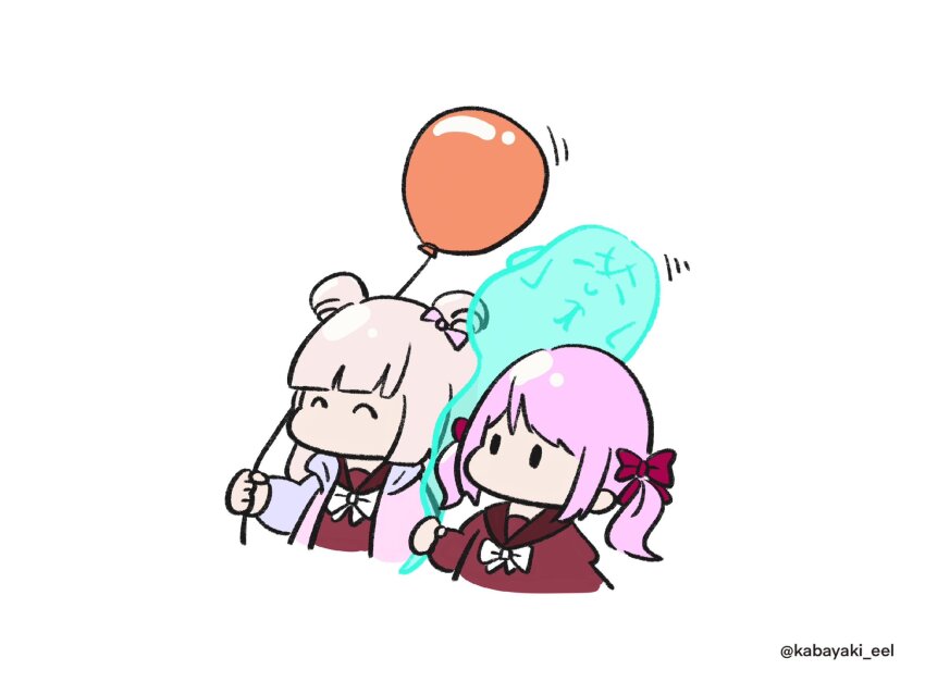 3girls =_= ^_^ arm_at_side assault_lily balloon blue_jacket bow bowtie brown_sailor_collar chibi closed_eyes closed_mouth cropped_torso double_bun ghost hair_between_eyes hair_bun hand_up highres holding holding_balloon holding_ghost hood hood_down hooded_jacket jacket kabayaki_(kabayaki_eel) kanba_girls_high_school_uniform long_hair long_sleeves looking_ahead medium_hair motion_lines multicolored_jacket multiple_girls no_mouth open_clothes open_jacket pink_bow pink_hair pink_jacket red_bow red_shirt sadamori_himeka sailor_collar school_uniform serafuku shirt side-by-side simple_background smile solid_oval_eyes tanba_akari toki_kureha twintails twitter_username upper_body white_background white_bow white_bowtie