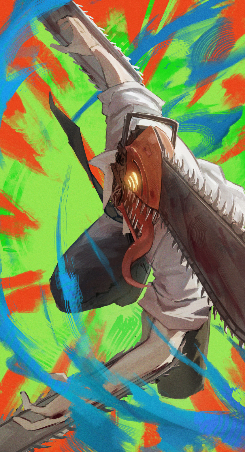 1boy absurdres black_necktie black_pants chainsaw chainsaw_man denji_(chainsaw_man) haimaotuanzi highres long_tongue male_focus necktie pants sharp_teeth shirt solo teeth tongue tongue_out white_shirt