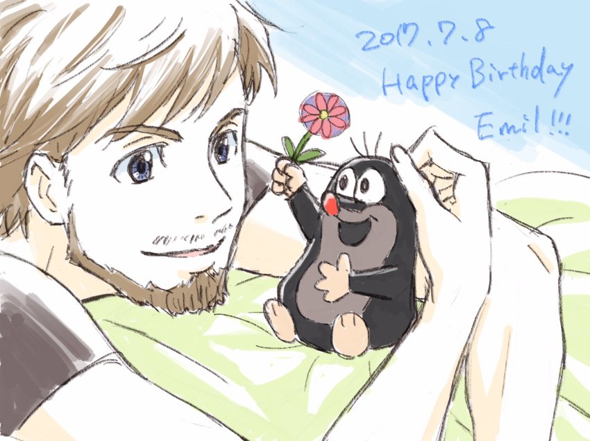 1boy beard birthday blanket blue_eyes brown_hair commentary_request country_connection crossover czech_republic dated emil_nekola facial_hair flower happy_birthday highres holding holding_flower itou_noriko mole mole_(animal) mole_(zdenek_miler) mole_(zdenek_miler)_(character) on_bed open_mouth shirt size_difference smile t-shirt yuri!!!_on_ice
