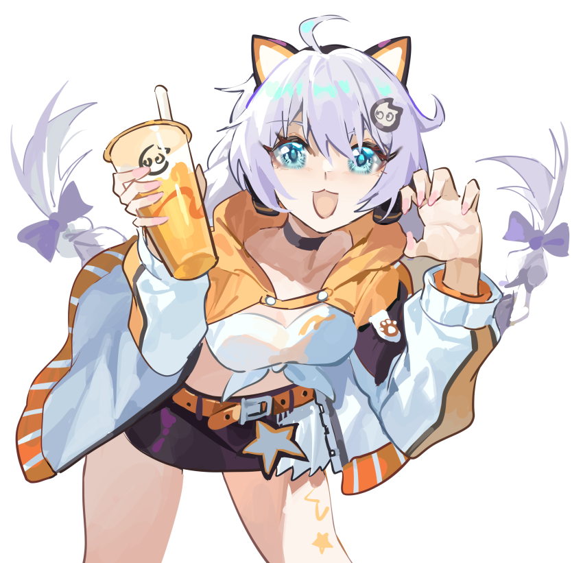 1girl absurdres ahoge animal_ears black_skirt blue_eyes braid breasts bubble_tea cat_ears cowboy_shot cup disposable_cup fake_animal_ears hair_ornament highres holding holding_cup honkai_(series) honkai_impact_3rd jacket kiana_kaslana kiana_kaslana_(coco) long_hair medium_breasts midriff miniskirt open_mouth paw_pose shirt simple_background skirt solo thighs tied_shirt twin_braids white_background white_hair white_jacket white_shirt xinliu_asato