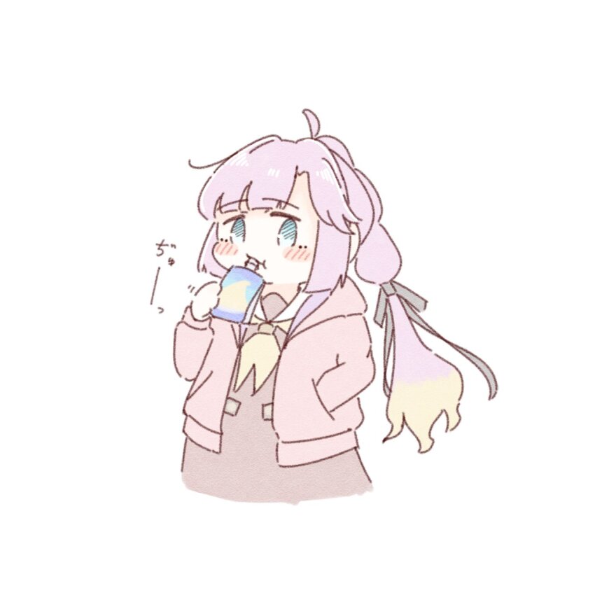 1girl ahoge amano_tatsu anyoji_hime black_ribbon blonde_hair blue_eyes blunt_bangs brown_dress commentary_request coolish deformed dress eating food gradient_hair hair_ribbon hand_in_pocket hasu_no_sora_school_uniform highres holding holding_food holding_ice_cream hood hooded_jacket ice_cream jacket link!_like!_love_live! long_hair long_sleeves love_live! multi-tied_hair multicolored_hair neckerchief open_clothes open_jacket pink_hair pink_jacket ponytail ribbon sailor_collar sailor_dress school_uniform sidelocks simple_background solo swept_bangs virtual_youtuber white_background white_sailor_collar winter_uniform yellow_neckerchief