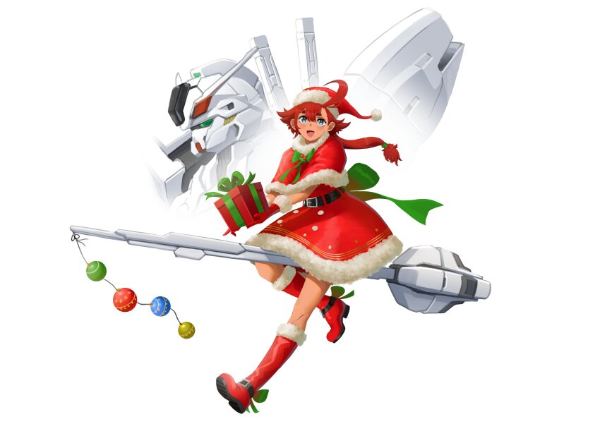 1girl blue_eyes bow capelet christmas christmas_ornaments commentary dark-skinned_female dark_skin dress english_commentary female_focus fur-trimmed_dress fur_trim gift gloves gundam gundam_calibarn gundam_suisei_no_majo haonfest highres mecha mobile_suit red_bow red_capelet red_gloves red_hair robot santa_costume santa_dress science_fiction solo suletta_mercury white_background