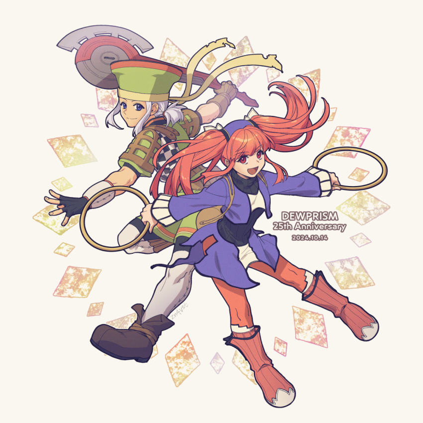 1boy 1girl anniversary axe boots chakram dewprism dress fingerless_gloves full_body gloves grey_hair highres holding holding_axe jacket mint_(dewprism) open_mouth orange_hair purple_eyes red_eyes rue_(dewprism) smile twintails weapon zn4vst
