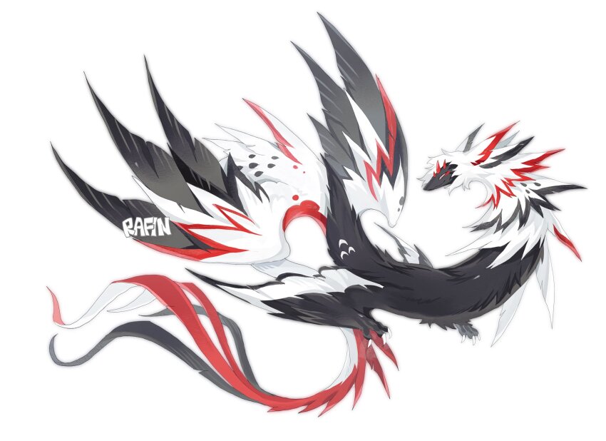 artist_name bairizuomeng black_fur claws dragon feathered_dragon feathered_wings floating full_body highres horns monster monster_focus multicolored_feathers multicolored_fur multiple_horns multiple_wings no_humans original partially_feathered_tail red_fur ribbon simple_background solo spines tail tail_ornament tail_ribbon white_background white_fur wings wyvern