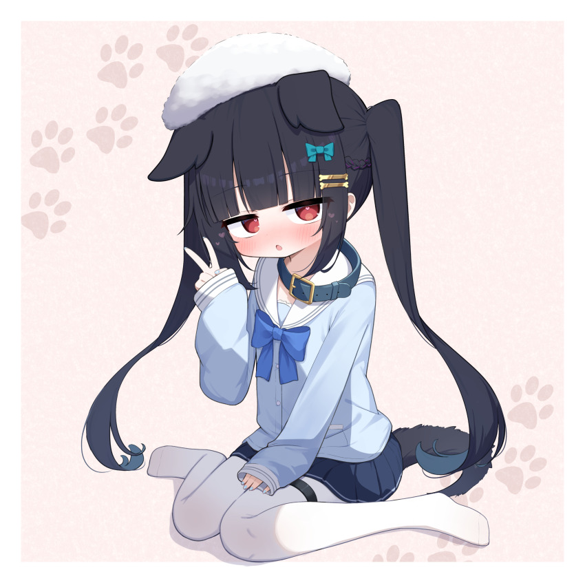 1girl absurdres animal_collar animal_ears belt_collar black_hair blue_bow blue_collar blue_nails blue_shirt blue_skirt blush bone_hair_ornament bow collar commentary_request dog_ears dog_girl dog_tail flat_chest full_body hair_bow hair_ornament hairclip hat heart heart-shaped_pupils highres large_variant_set long_hair looking_at_viewer miniskirt mizuki_wao_(waon_(43ctw)) nail_polish no_shoes open_mouth original paid_reward_available pantyhose parallel_hairclips pleated_skirt red_eyes sailor_collar sailor_shirt school_uniform serafuku shirt sitting skirt sleeves_past_wrists solo symbol-shaped_pupils tail thigh_strap twintails v variant_set waon_(43ctw) wariza white_hat white_pantyhose white_sailor_collar