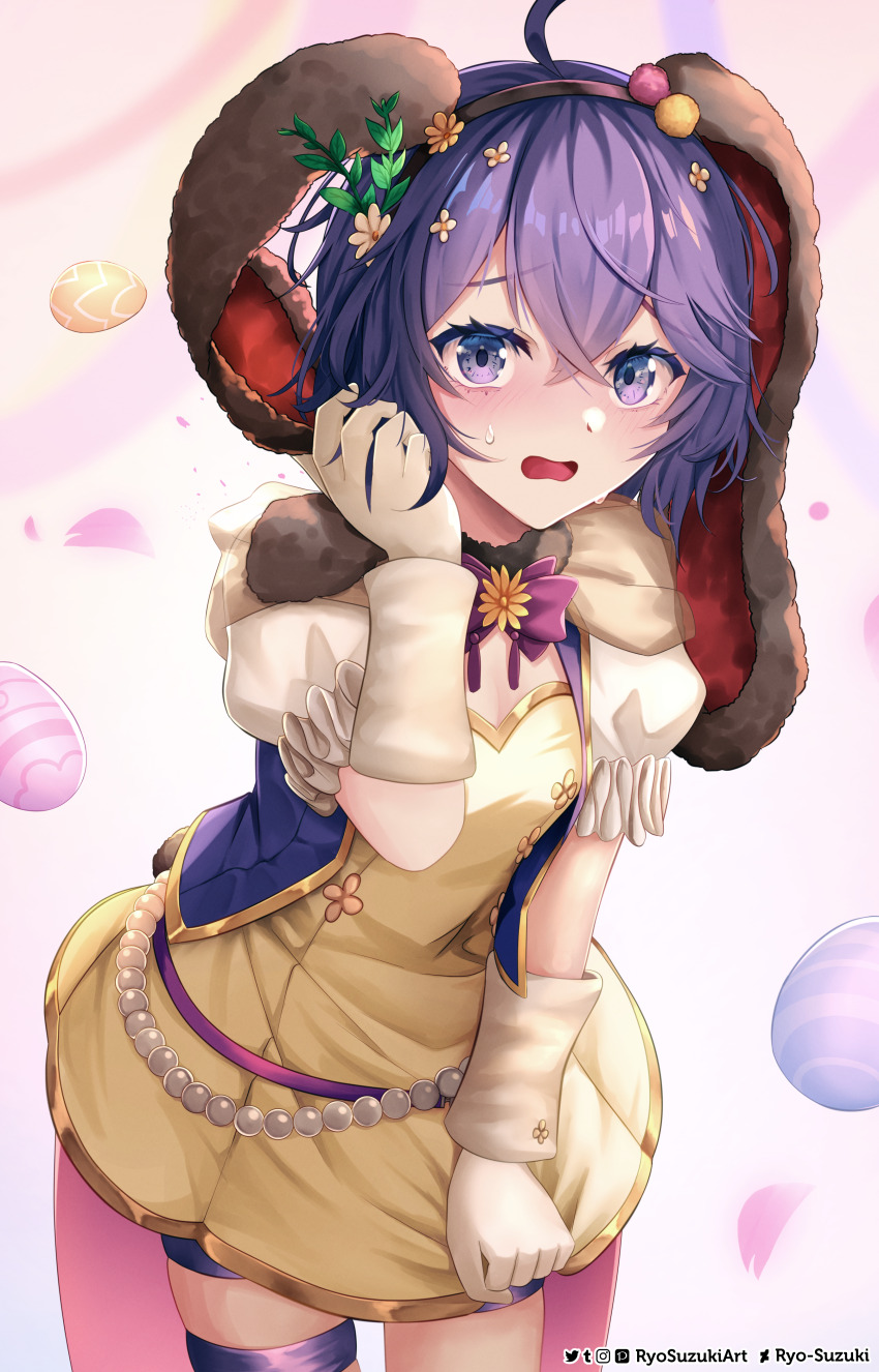 1girl absurdres animal_ears artist_name bernadetta_von_varley bernadetta_von_varley_(spring) blush brown_hairband cowboy_shot dress dress_tug easter easter_egg egg fake_animal_ears fire_emblem fire_emblem:_three_houses fire_emblem_heroes flower gloves grey_eyes hair_between_eyes hair_ornament hairband highres holding_ear jewelry looking_at_viewer nintendo official_alternate_costume open_mouth puffy_short_sleeves puffy_sleeves purple_hair rabbit_ears ryo-suzuki short_hair short_sleeves shorts simple_background solo sweat twitter_username wavy_mouth white_gloves yellow_dress