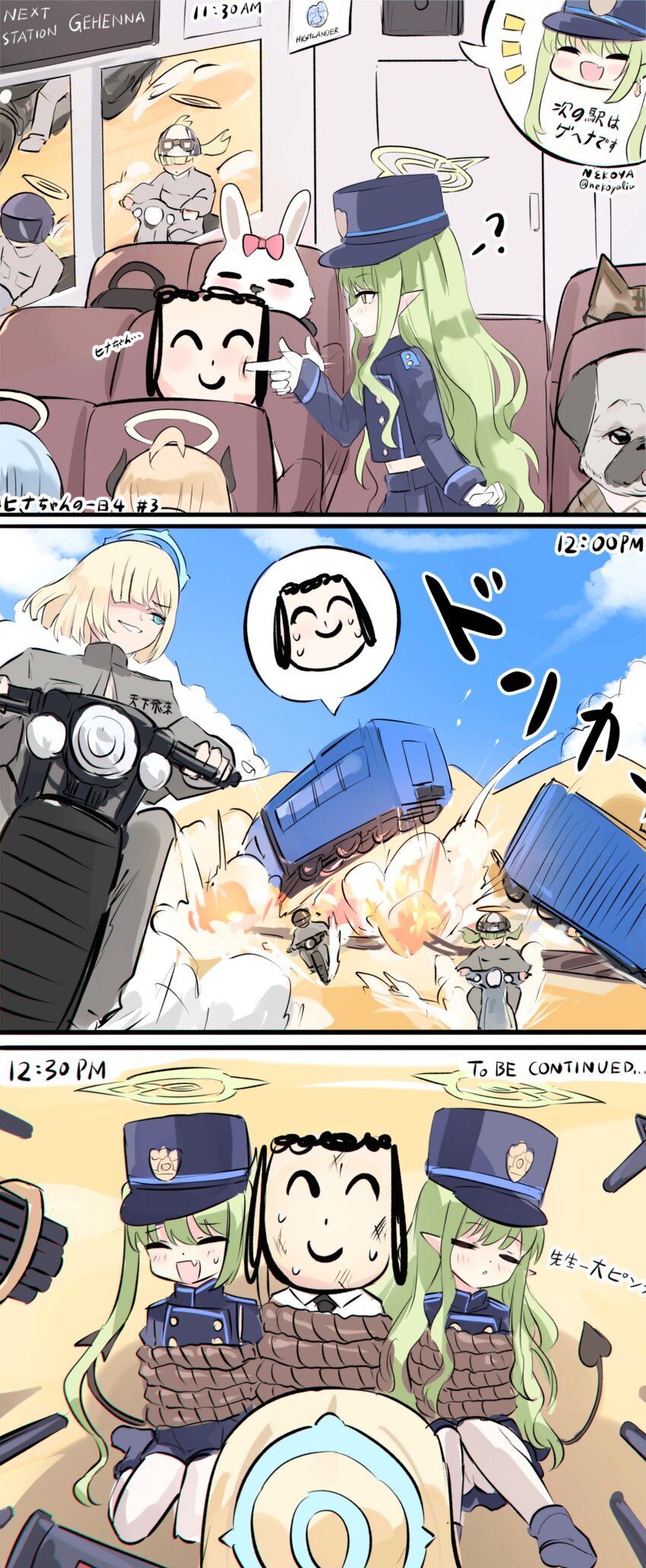 absurdres ahoge animal_ears black_fur black_shoes blonde_hair blue_archive blue_eyes blue_hair blue_halo blue_sky bound brown_fur cat cat_ears cheek_poking closed_eyes cloud comic commentary demon_horns demon_tail desert dog dog_ears doodle_sensei_(blue_archive) door dust_cloud earrings explosion gloves green_hair green_halo gun halo hat helmet highlander_railway_academy_logo highres hikari_(blue_archive) horns jewelry long_hair machine_gun midriff motor_vehicle motorcycle motorcycle_helmet multiple_unit_train nekoya_(liu) nozomi_(blue_archive) on_motorcycle pink_ribbon pointy_ears poking pug rabbit rabbit_ears railroad_tracks ribbon rope sand_dune sensei_(blue_archive) shadow shoes short_hair siblings single_earring sisters sitting sky speaker surrounded_by_guns sweatdrop tail tied_up_(nonsexual) train train_conductor translated twins twintails very_long_hair weapon white_fur white_gloves yellow_eyes yellow_halo