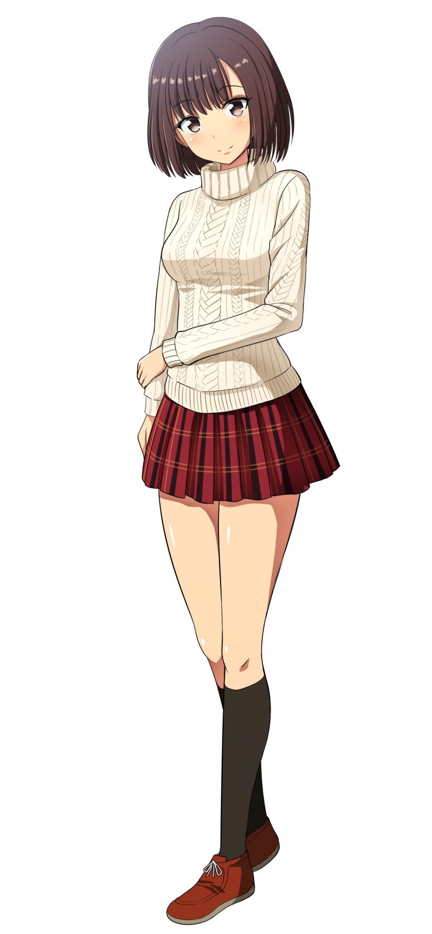 1girl absurdres aran_sweater breasts brown_eyes brown_hair cable_knit closed_mouth full_body harasaki_nozomi highres kayama_kenji looking_at_viewer medium_breasts shenmue shenmue_i short_hair simple_background skirt smile solo standing sweater turtleneck white_background