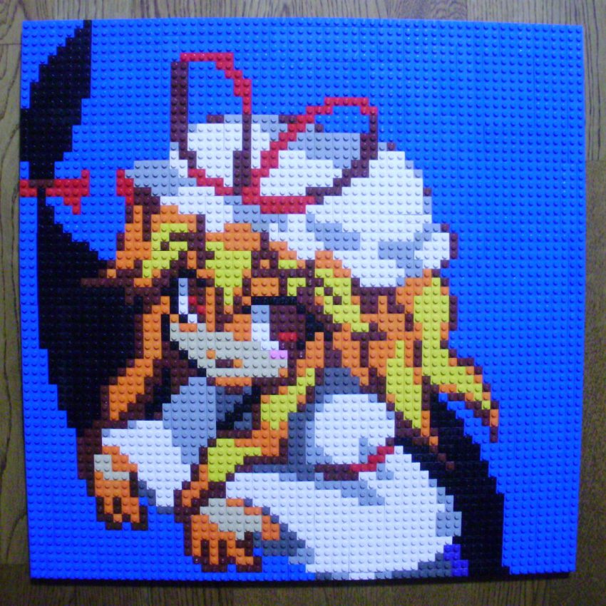 1girl blonde_hair female_focus gap_(touhou) hat highres lego lego_(medium) photo_(medium) pixel_art red_eyes simple_background smile solo table touhou unconventional_media yakumo_yukari you_rei_(blowback)