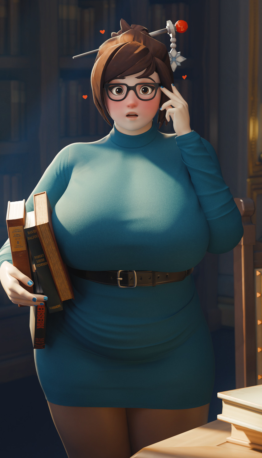 1girl 3d absurdres aqua_dress aqua_nails belt black-framed_eyewear black_belt blurry blush book bookshelf breasts brown_eyes brown_hair cowboy_shot curvy depth_of_field dress english_text fugtrup glasses hair_bun hair_ornament hair_stick heart high_belt highres holding holding_book huge_breasts library long_sleeves looking_at_viewer mei_(overwatch) nail_polish open_mouth overwatch pantyhose protected_link revision single_hair_bun solo turtleneck turtleneck_dress