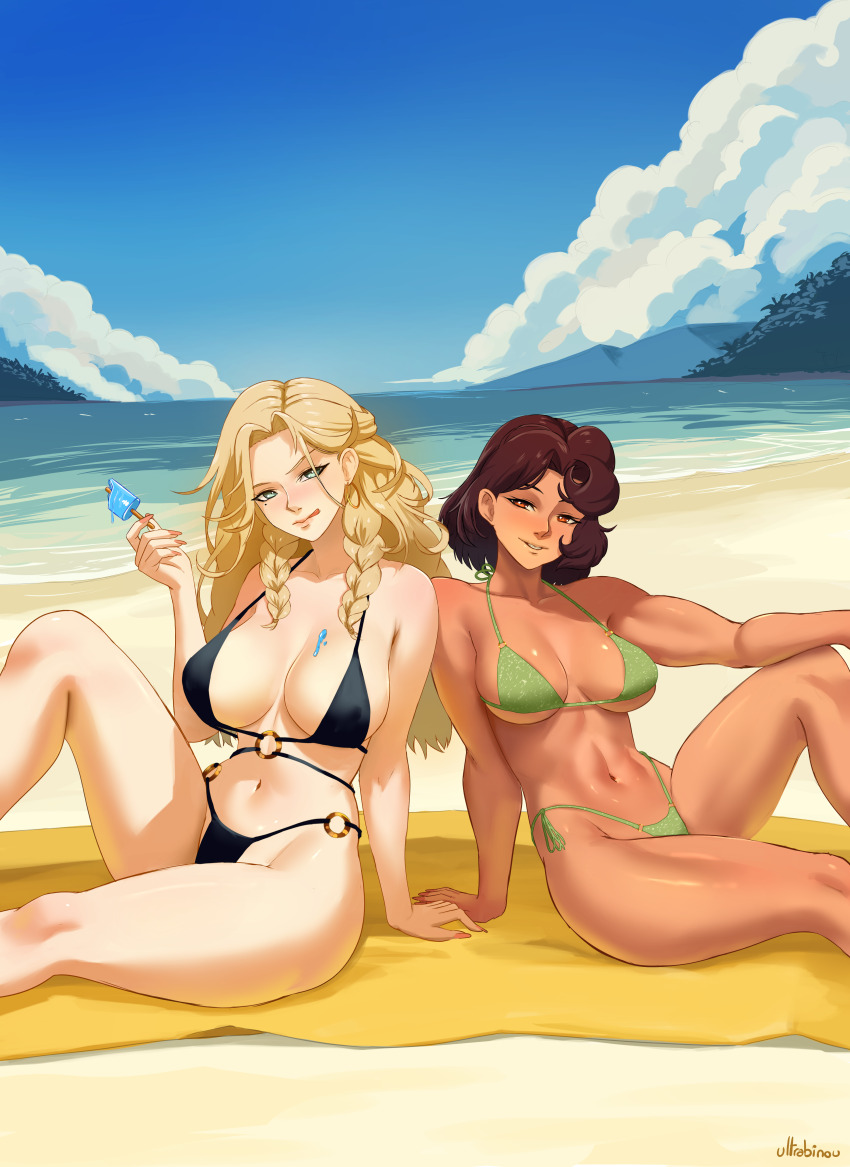 2girls :p absurdres bare_legs beach beach_towel bikini black_bow blonde_hair blue_eyes blue_sky blush bow braid breasts brown_eyes brown_hair cloud dark-skinned_female dark_skin day feet food green_eyes highres holding holding_food holding_popsicle large_breasts long_hair looking_at_viewer medium_breasts melting_popsicle multiple_boys multiple_girls navel ocean open_mouth original outdoors popsicle short_hair sky smile swimsuit tan thighs tongue tongue_out towel ultrabinou