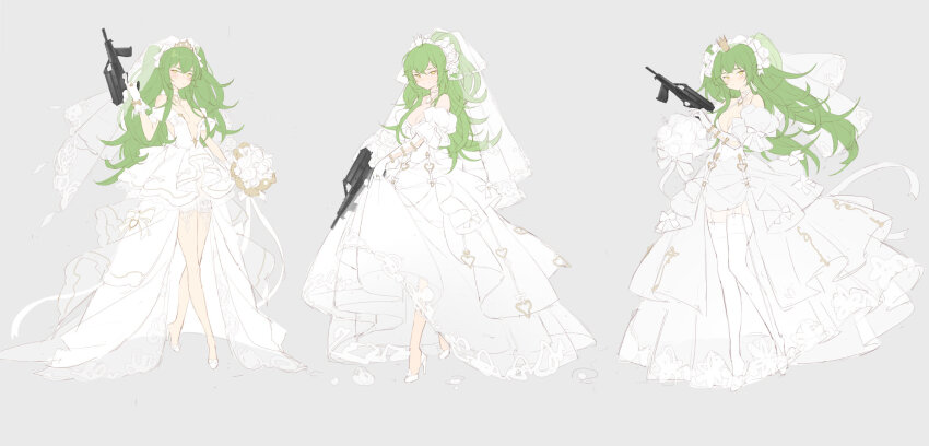 1girl asymmetrical_gloves bahao_diqiu bouquet breasts bridal_veil brooch calico_m950 calico_m950a cleavage crossed_ankles crown dress elbow_gloves flower flower_request girls&#039;_frontline gloves green_hair gun hair_flower hair_ornament halterneck handgun heart-shaped_ornament helical_magazine high-capacity_magazine high_heels highres holding holding_bouquet holding_gun holding_weapon jewelry light_blush long_hair looking_at_viewer m950a_(girls&#039;_frontline) m950a_(the_warbler_and_the_rose)_(girls&#039;_frontline) medium_breasts multiple_views official_alternate_costume official_art partially_colored pistol ring simple_background smile standing submachine_gun trigger_discipline veil weapon wedding_dress wedding_ring white_background white_gloves yellow_brooch yellow_eyes