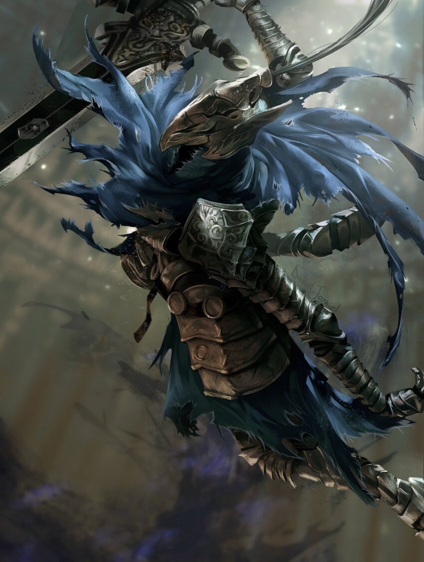 1boy armor artorias_the_abysswalker cape danieljoyniel dark_souls_(series) dark_souls_i full_armor gauntlets greatsword helm helmet highres holding holding_sword holding_weapon knight male_focus pauldrons plume shoulder_armor solo sword torn_cape torn_clothes weapon