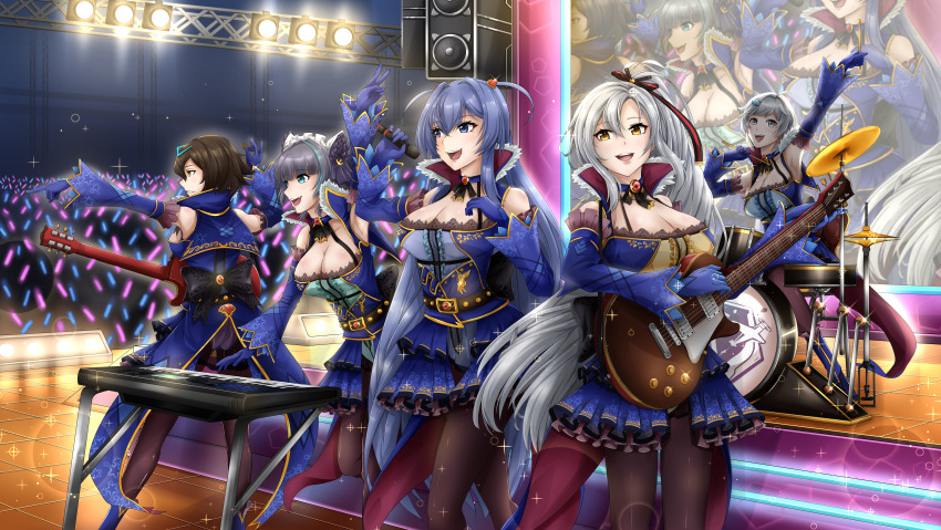 5girls absurdres alternate_costume animal_ears azur_lane bare_shoulders belt black_belt black_choker black_legwear blue_cape blue_eyes blue_gloves blue_hair breasts brown_hair cape cheshire_(azur_lane) choker cleavage detached_sleeves drake_(azur_lane) drum drum_set electric_guitar fake_animal_ears frilled_hairband frilled_skirt frills georgia_(azur_lane) gloves guitar hairband highres icynugget instrument keyboard_(instrument) large_breasts layered_skirt long_hair miniskirt multicolored_hair multiple_girls new_jersey_(azur_lane) open_mouth pantyhose purple_hair screen seattle_(azur_lane) silver_hair skirt stage stage_lights standing streaked_hair two-tone_hair very_long_hair yellow_eyes