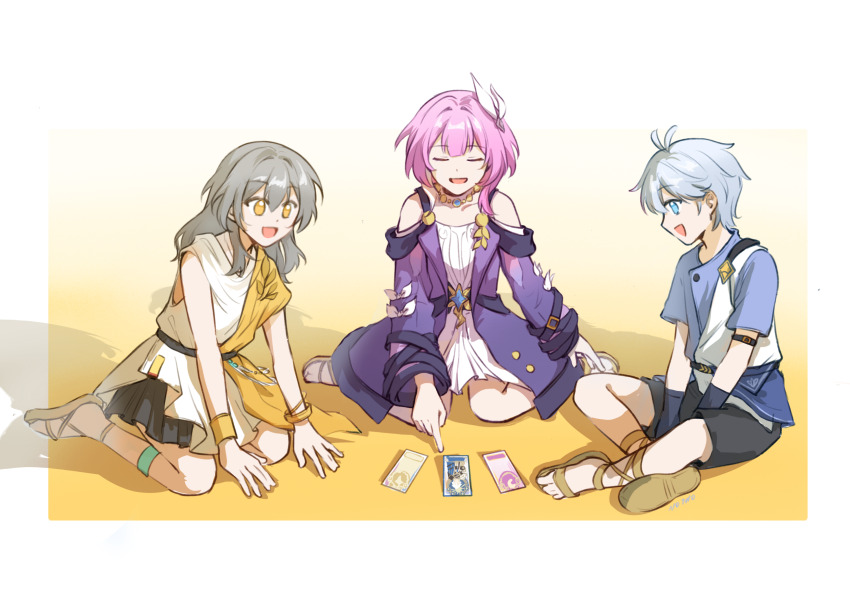 1boy 2girls black_shorts blue_eyes blue_shirt card chinese_commentary coat commentary_request cyrene_(honkai:_star_rail) dress eternity51568 grey_hair hair_ornament highres honkai:_star_rail honkai_(series) indian_style jewelry medium_hair multiple_girls necklace phainon_(a_dream_scented_in_wheat)_(honkai:_star_rail) phainon_(honkai:_star_rail) pink_hair purple_coat sandals shirt short_hair shorts sitting stelle_(honkai:_star_rail) tarot tarot_card toes trailblazer_(honkai:_star_rail) wariza white_dress white_hair yellow_eyes
