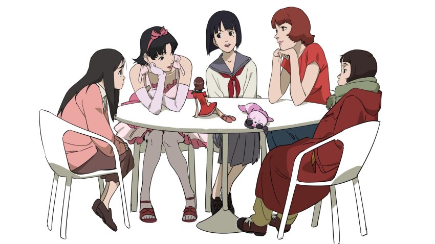 5girls bob_cut character_request creator_connection doll dress highres jinou_rakugaki kon_satoshi_(director) mousou_dairinin multiple_girls paprika perfect_blue red_hair school_uniform sennen_joyuu table tokyo_godfathers white_background white_dress