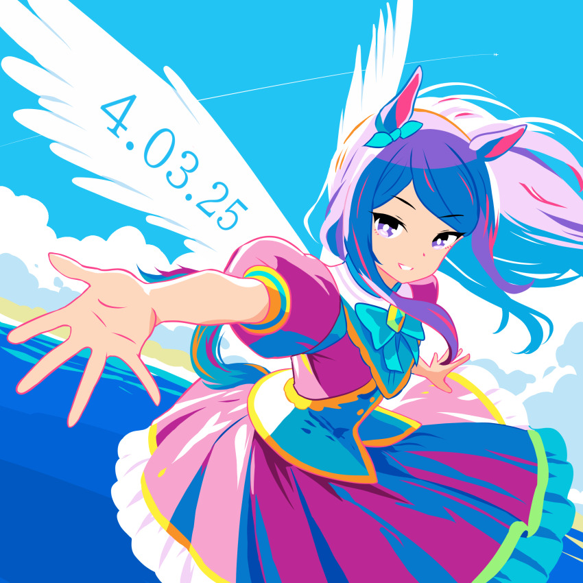 1girl absurdres alternate_costume animal_ears aqua_bow blue_bow blue_sky blue_vest bow cloud cloudy_sky commentary cowboy_shot dated dress ear_bow frilled_dress frills grin highres horse_ears horse_girl horse_tail long_hair mejiro_mcqueen_(umamusume) petticoat puffy_short_sleeves puffy_sleeves purple_dress purple_eyes purple_hair reaching reaching_towards_viewer short_sleeves sky smile smiling_lime solo tail umamusume vest wings