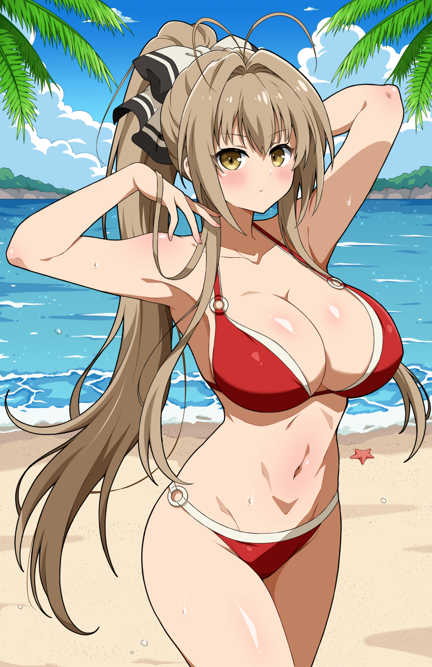 1girl absurdres amagi_brilliant_park antenna_hair beach bikini blue_sky blush breasts brown_eyes brown_hair cleavage cloud collarbone day eggman_(ni_tamagoex) feet_out_of_frame halterneck highres horizon large_breasts lineart long_hair looking_at_viewer navel o-ring o-ring_bikini ocean outdoors ponytail red_bikini ribbon sento_isuzu sky solo string_bikini sweat swimsuit very_long_hair