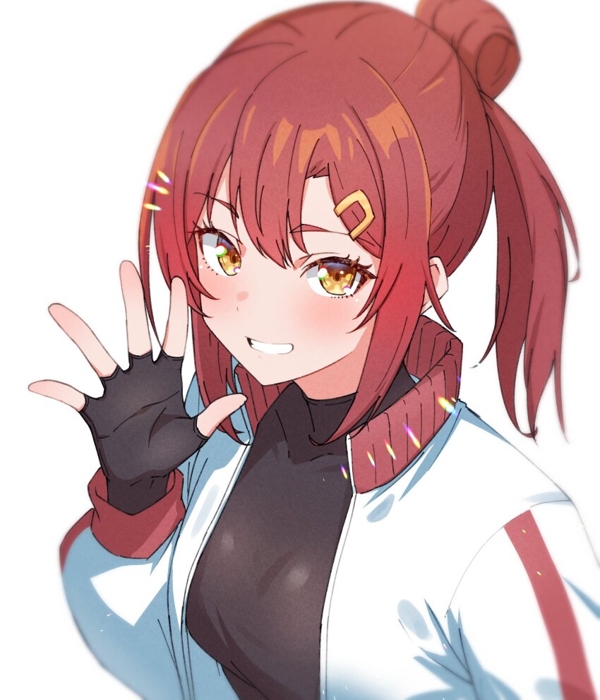 1girl blush breasts fingerless_gloves gloves hair_ornament highres jacket kamidan medium_breasts original red_eyes red_hair risa_(kamidan) salute smile teeth white_background yellow_eyes