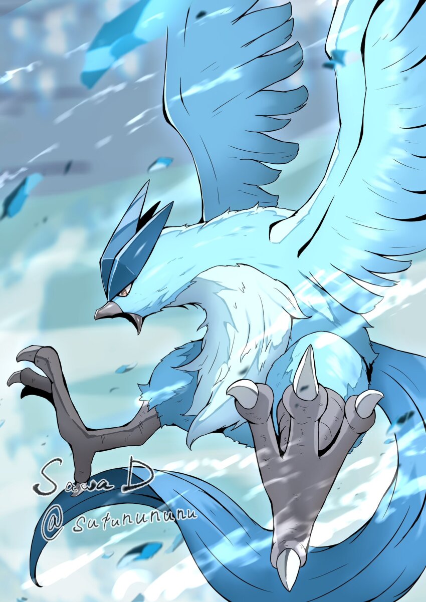 animal_focus articuno artist_name beak bird_tail blurry blurry_background commentary commentary_request english_commentary feathered_wings feathers gen_1_pokemon highres legendary_pokemon mixed-language_commentary nintendo no_humans open_mouth outdoors pokemon pokemon_(creature) red_eyes sawa_d tail talons twitter_username wings