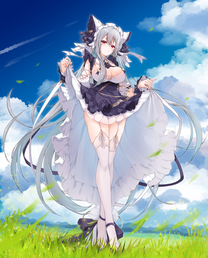 1girl absurdres alternate_costume animal_band animal_ears apron ascot azur_lane blush breasts cheshire_(azur_lane) cheshire_(azur_lane)_(cosplay) cleavage commission cosplay detached_sleeves dress enmaided fake_animal_ears frilled_hairband frilled_ribbon frills garter_belt garter_straps grass grey_hair hair_between_eyes hairband highres lace lace-trimmed_thighhighs lace_trim landscape large_breasts long_hair long_ribbon looking_at_viewer maid maid_headdress mikuchi3939 mountain nature outdoors pixiv_commission puffy_detached_sleeves puffy_sleeves purple_apron purple_ascot red_eyes ribbon scenery sky solo sovetskaya_rossiya_(azur_lane) thighhighs tree very_long_hair white_garter_belt white_garter_straps white_hair white_thighhighs wrist_cuffs