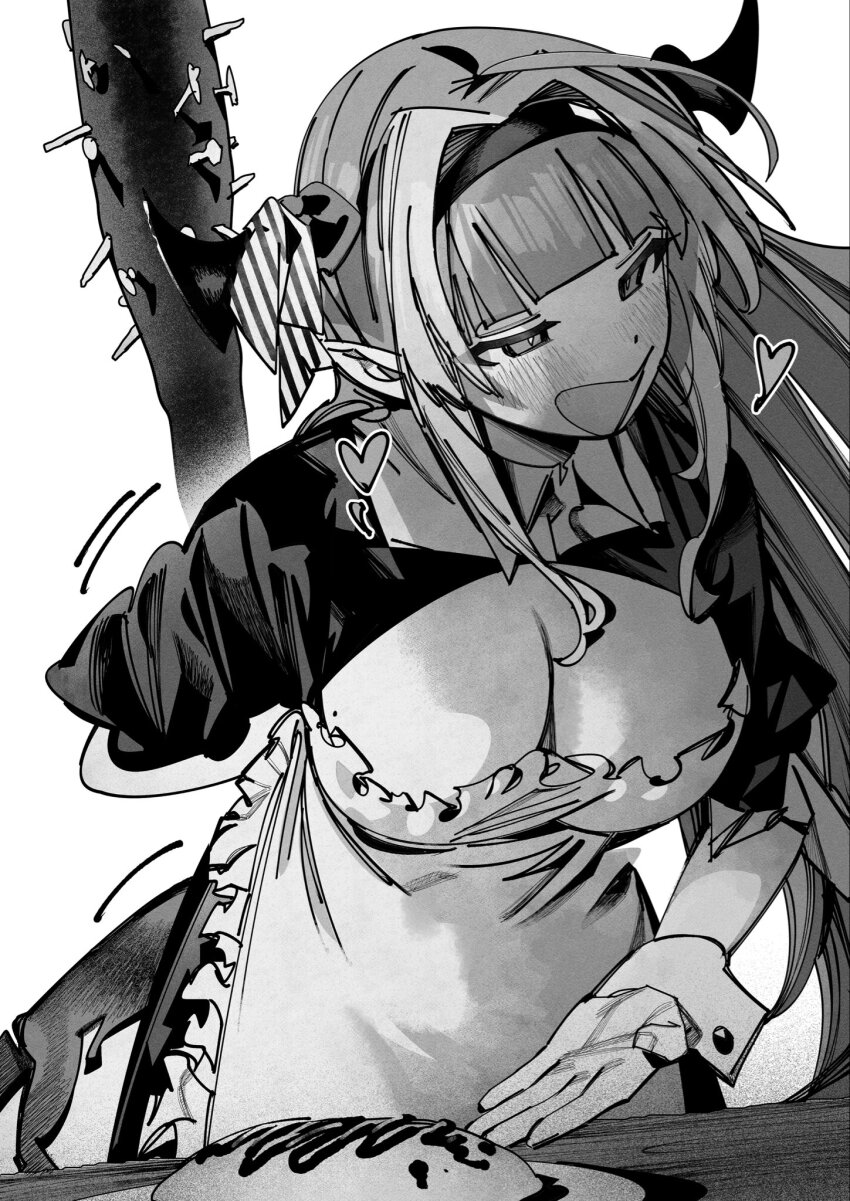 1girl :d ahoge apron arm_behind_back blush breasts cleavage club club_(weapon) commentary diagonal-striped_ribbon dragon_girl dragon_horns dress english_commentary food frilled_apron frills greyscale hair_intakes hairband heart highres holding holding_behind_back holding_club holding_weapon holding_weapon_behind_back hololive horn_ornament horn_ribbon horns ketchup kiryu_coco leaning_forward long_hair low_neckline maid maid_apron mole mole_on_breast monochrome motion_lines omelet omurice open_mouth plate pointy_ears puffy_short_sleeves puffy_sleeves ribbon short_sleeves simple_background smile solo spiked_club straight_hair table very_long_hair virtual_youtuber weapon white_background wing_collar wrist_cuffs xiaoju_xiaojie