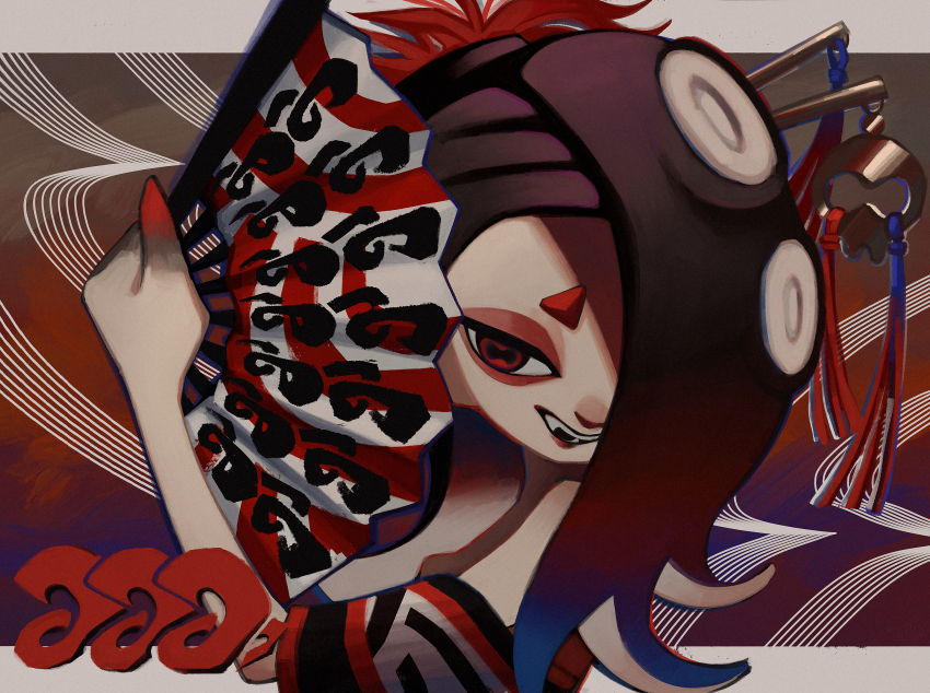 1girl blue_hair colored_sclera commentary_request folding_fan gradient_hair hair_ornament hair_over_one_eye hairpin hand_fan highres holding holding_fan ka1_(k4k37) multicolored_hair multiple_hairpins nintendo octoling official_alternate_costume official_alternate_hair_color open_mouth red_eyes red_hair red_sclera shiver_(splatoon) shiver_(splatoween)_(splatoon) solo splatoon_(series) splatoon_3 tassel teeth tentacle_hair two-tone_hair