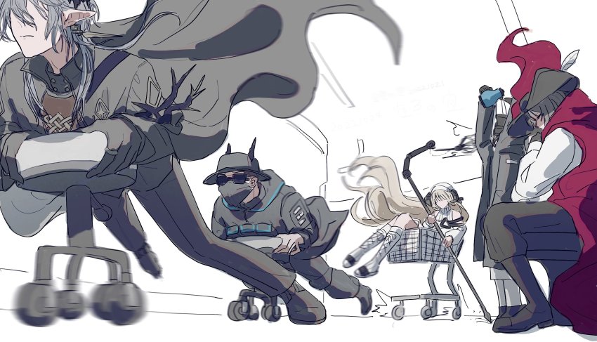 1girl 1other 3boys ^^^ arknights arm_up black_cape black_footwear black_gloves black_headwear black_jacket black_pants boots brown_hair cape closed_mouth commentary_request doctor_(arknights) dress faceless faceless_female gloves grey_hair hat highres holding hood hood_down horns horns_through_headwear indoors jacket lace-up_boots logos_(arknights) logos_(npc)_(arknights) long_hair long_sleeves mask mouth_mask multiple_boys nightingale_(arknights) pants phantom_(arknights) phantom_(focus)_(arknights) puffy_long_sleeves puffy_sleeves red_cape scout_(arknights) shirt shoes shopping_cart sleeveless sleeveless_jacket sorairo_no_sora stool sunglasses very_long_hair white_dress white_footwear white_headwear white_shirt